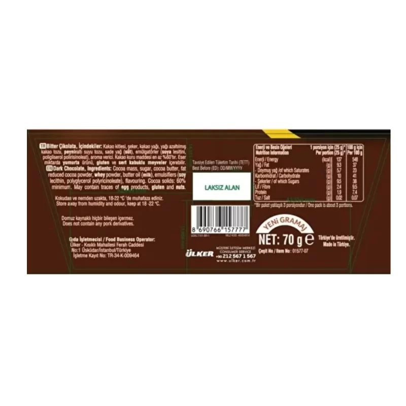 Ülker Tablet Çikolata Bitter 70g